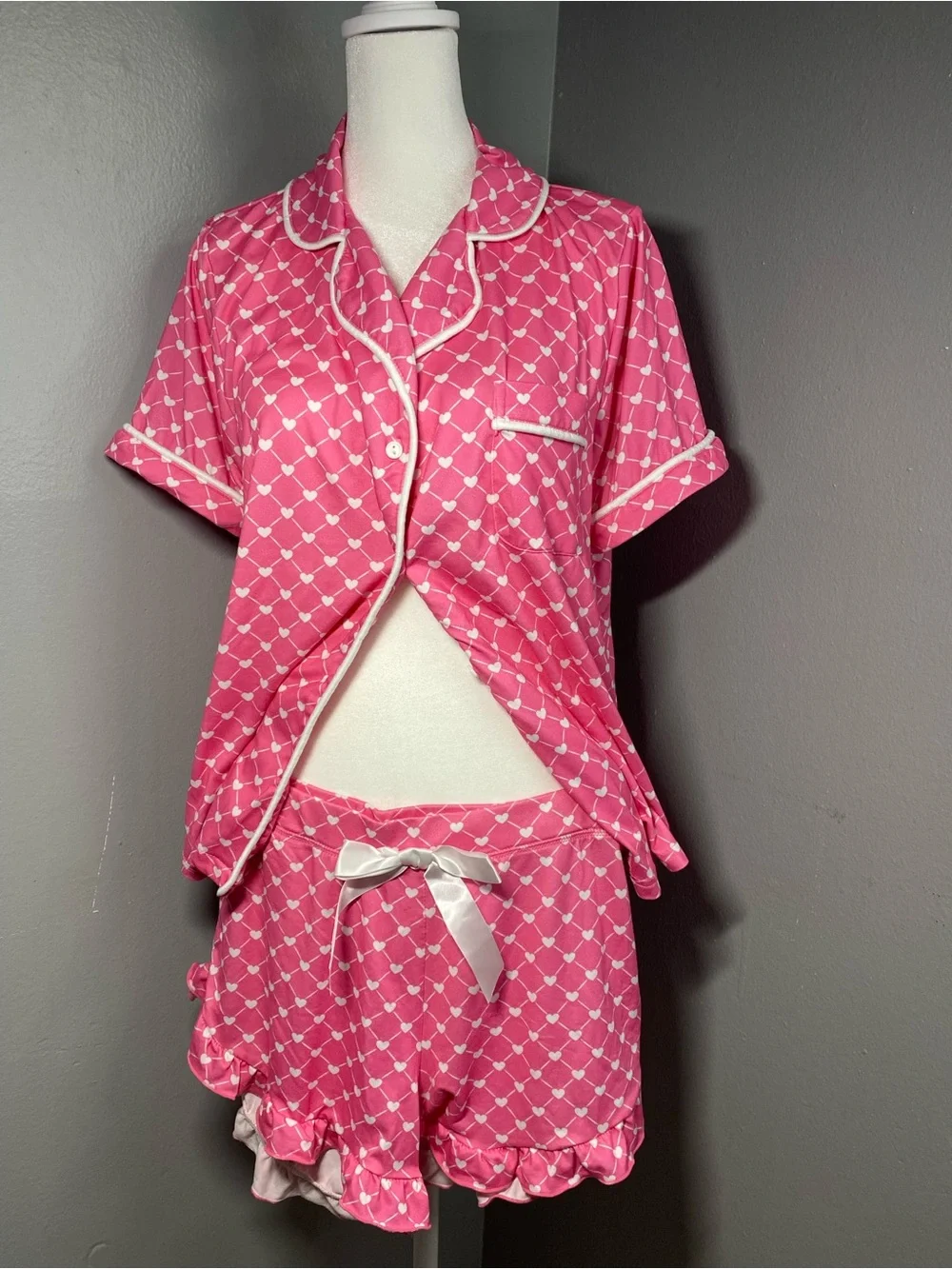 Jordann Jammies - ValentineHeart Lattice Short-Sleeve Pajama Set with White Trim